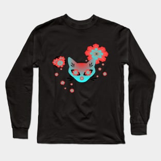 Colorful Abstract Flowers & Cat Long Sleeve T-Shirt